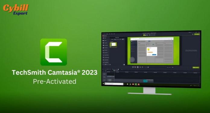 Camtasia 2023 video editing software interface displayed on a computer screen with advanced editing tools.