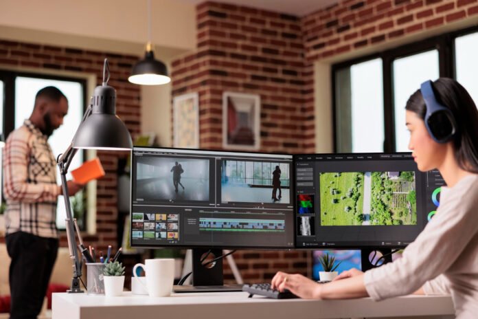 Professional video editor using DaVinci Resolve Studio for advanced video editing and color correction on a high-resolution monitor.