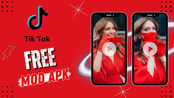 Smartphone showing TikTok MOD APK with unlocked features such as ad-free browsing, unlimited coins, and premium effects.