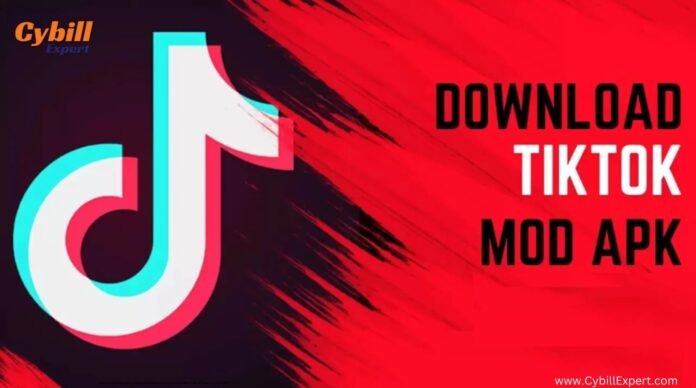 Smartphone showing TikTok MOD APK with unlocked features such as ad-free browsing, unlimited coins, and premium effects.